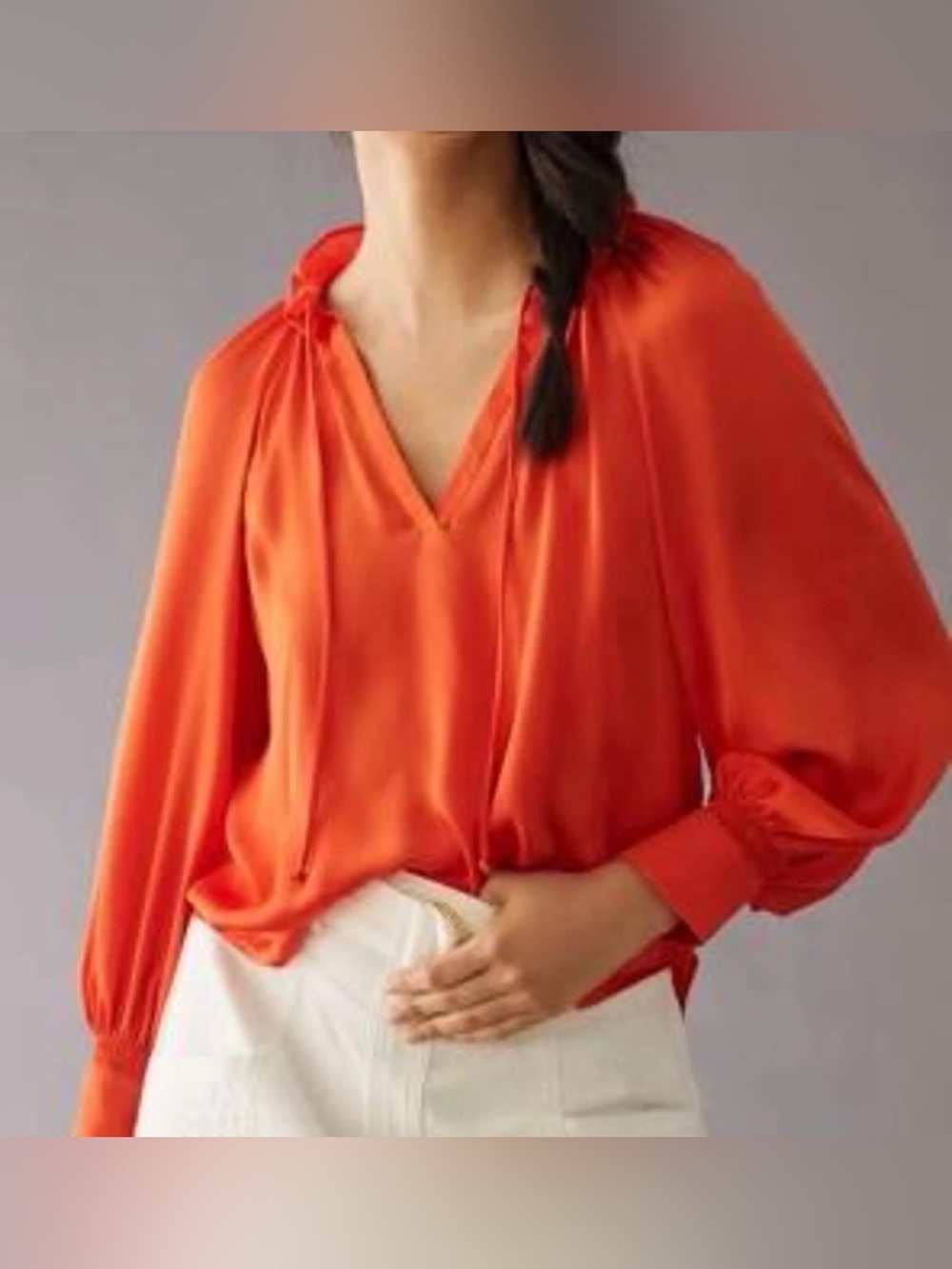 Anthropologie V-Neck Satin Tie Neck Peasant Blouse